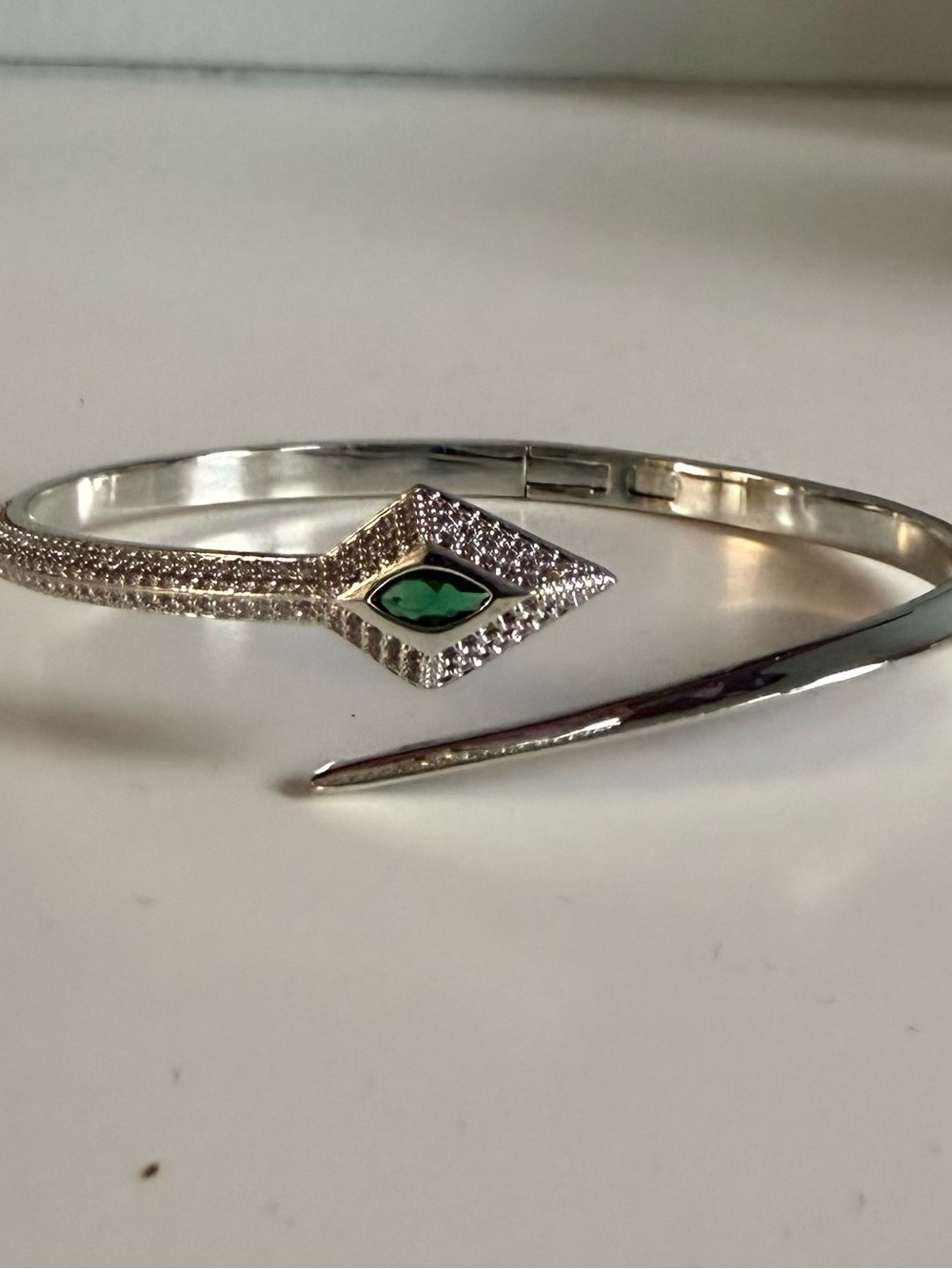 Sterling Silver Green Stone Hinged Snake Bracelet